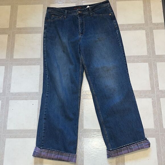 WOMEN’S EDDIE BAUER NATURAL FIT PURPLE PLAID FLANNEL LINED JEANS SIZE 14 - Picture 3 of 9